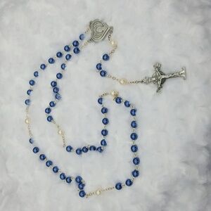 Vintage Blue and White Pearl Beaded Silver Chain Rosary Necklace